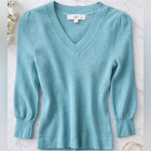 LOFT Light Blue Ribbed V‑Neck Sweater – Petite LP